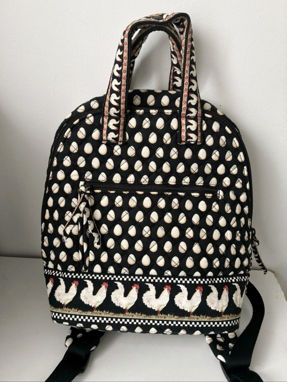RARE Vera Bradley black  white egg pattern white chickens at the bottom Backpack